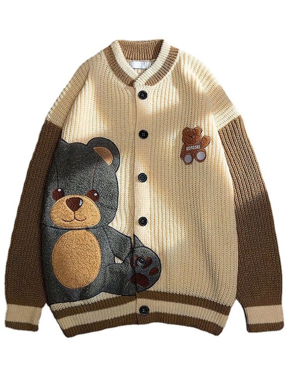 Womens Cute Bear Embroidery Knit Cardigans Casual Loose Button Down Drape Long Sleeve Varsity Sweater Jacket