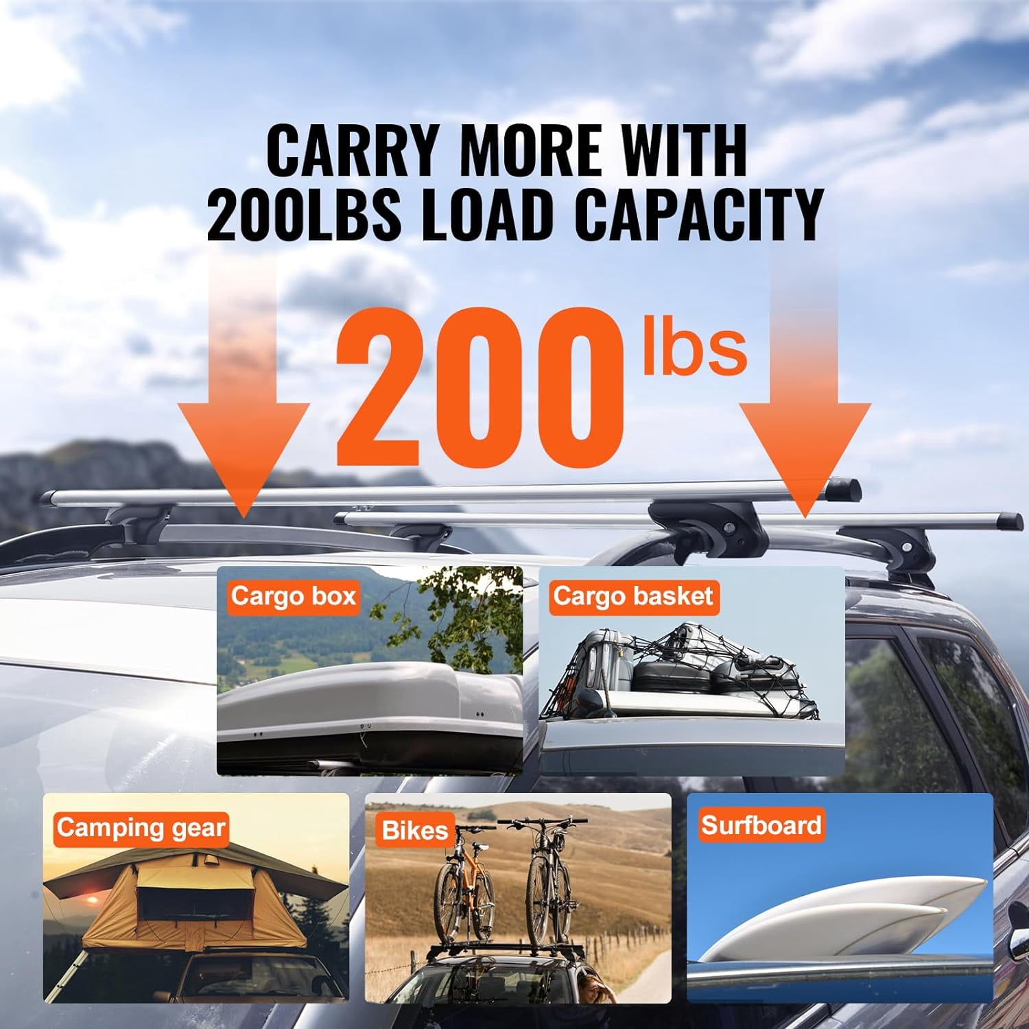 Universal Roof Rack Cross Bars, 54" Aluminum Roof Rack Crossbars, Fit Raised Side Rail with Gap, 200 lbs Load Capacity, Adjustable Crossbars with Locks, for SUVs, Sedans, and Vans