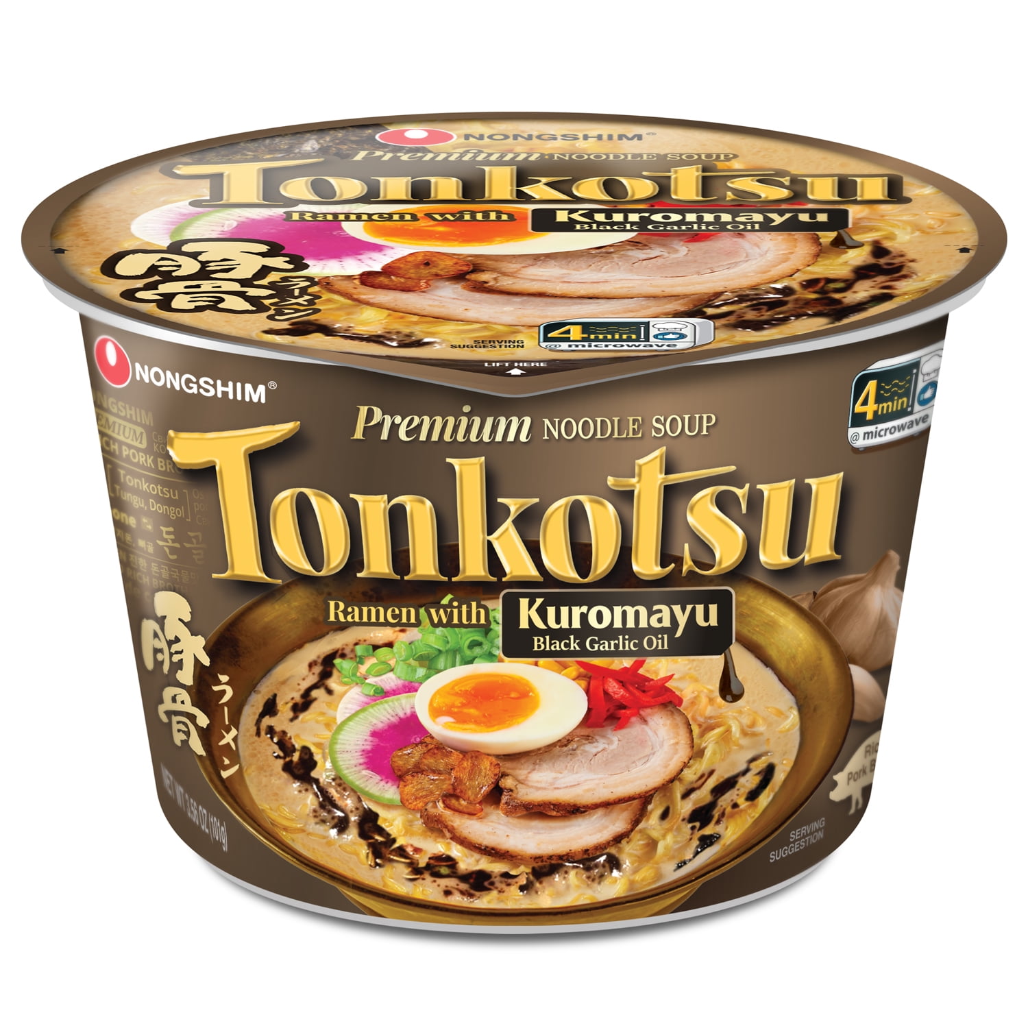 Nongshim Tonkotsu Spicy Pork & Black Garlic Ramyun Premium Ramen Noodle Soup Big Bowl, 3.6oz X 6 Count