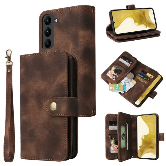 Crossbody Wallet Case for Samsung Galaxy S23 with RFID Blocking Card Slot Holder, Magnetic Flip Purse Case, PU Leather Zipper Pocket Handbag with Detachable Lanyard Strap, Brown