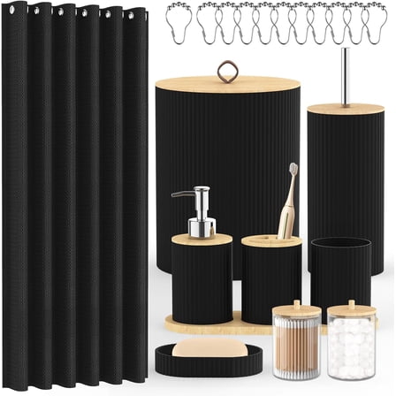 Bathroom Accessories Set - 22PCS Black Bathroom Set with Shower Curtain,Trash Can,Toilet Brush Holder Set & Soap Dispenser – Stylish & Functional Bath Decor for Home, Apartment