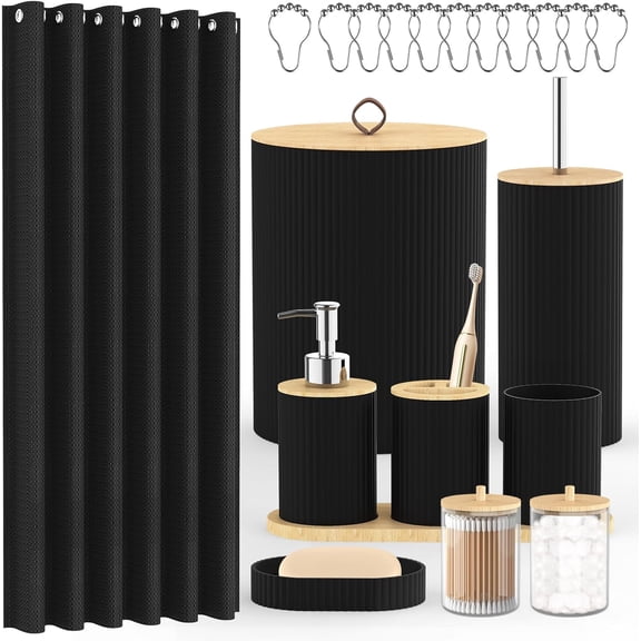 Bathroom Accessories Set - 22PCS Black Bathroom Set with Shower Curtain,Trash Can,Toilet Brush Holder Set & Soap Dispenser – Stylish & Functional Bath Decor for Home, Apartment