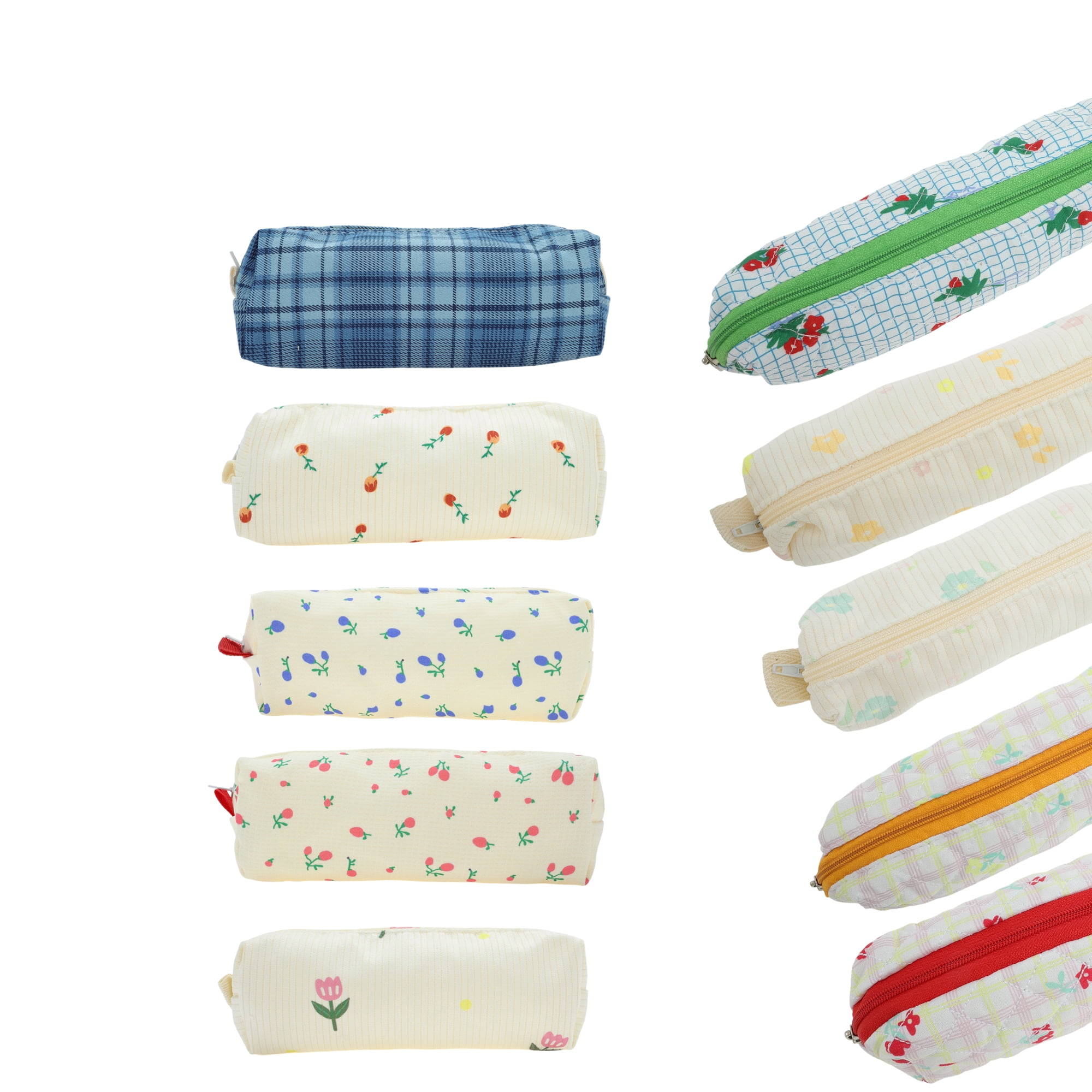 Unique Bargains Pencil Case Grid Print Pen Pouch Stationery Bag for Organizer Beige Pink Floral