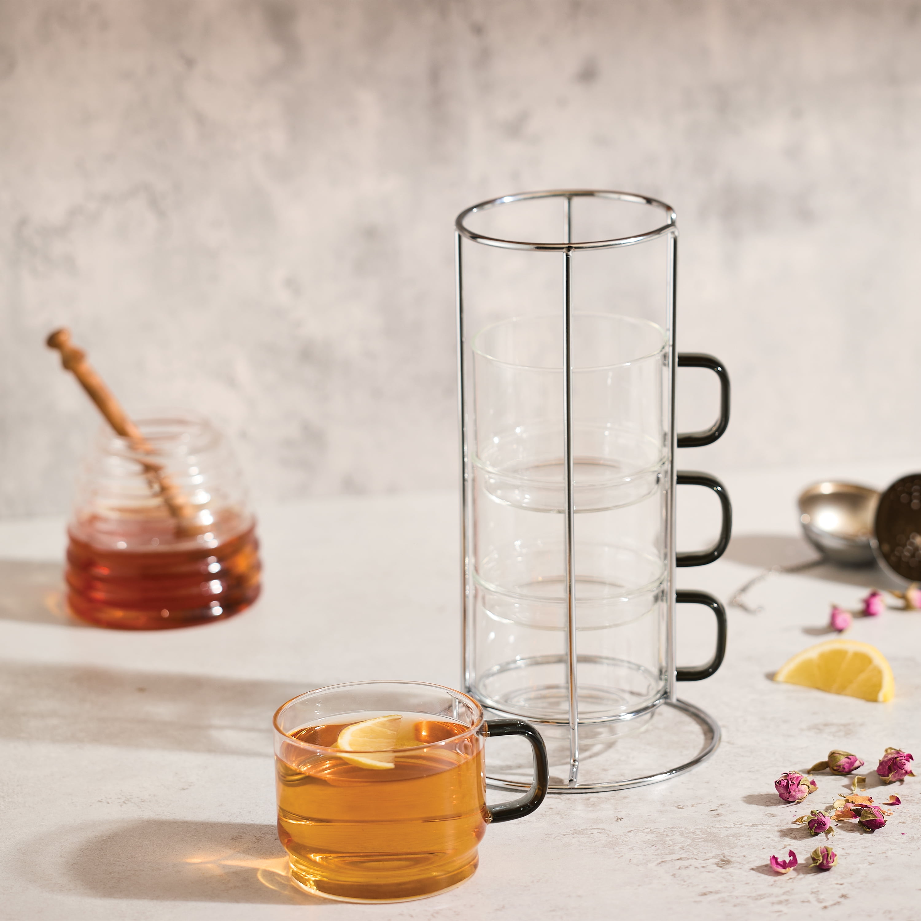 HomeTrends 4 pc stackable Glass mugs with silver metal stand