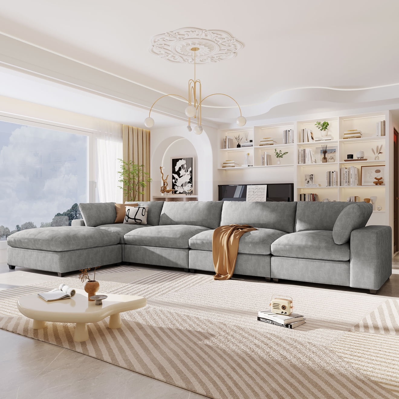 176.4" Modular Sectional Sofa with Movable Ottoman, Oversized Cloud Down Filled L-Shaped Sofa Couch, Minimalist Wide Deep Seat Convertible Couch, 5-Seater Sectional Couch for Living Room, Gray