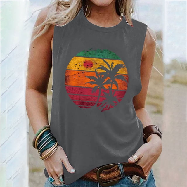 LSLJS Womens Tank Tops Summer Print T-shirts Sleeveless Casual Loose Blouses