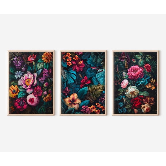 UNFFRAMED Set Jewel Tone Dark Floral Wall Art Posters Peony Artwork Flower Wall Art Dark Botanical Decor Set 3 Prints 8x12