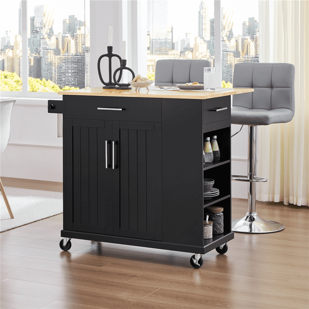 Alden Design Kitchen Island Cart with Solid Wood Top and Storage, Black
