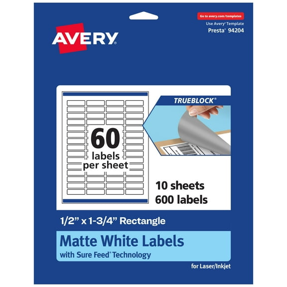 Avery TrueBlock Rectangle Labels, 0.5" x 1.75", 600ct