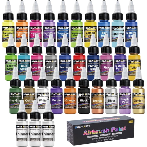 Airbrush Paint - 30 Colors with 3 Thinner, Ready to Spray Airbrush Paint Set, Water-Based Acrylic Air Brush Paints for Metal, Plastic Models, Canvas, Wood - 33 Bottles