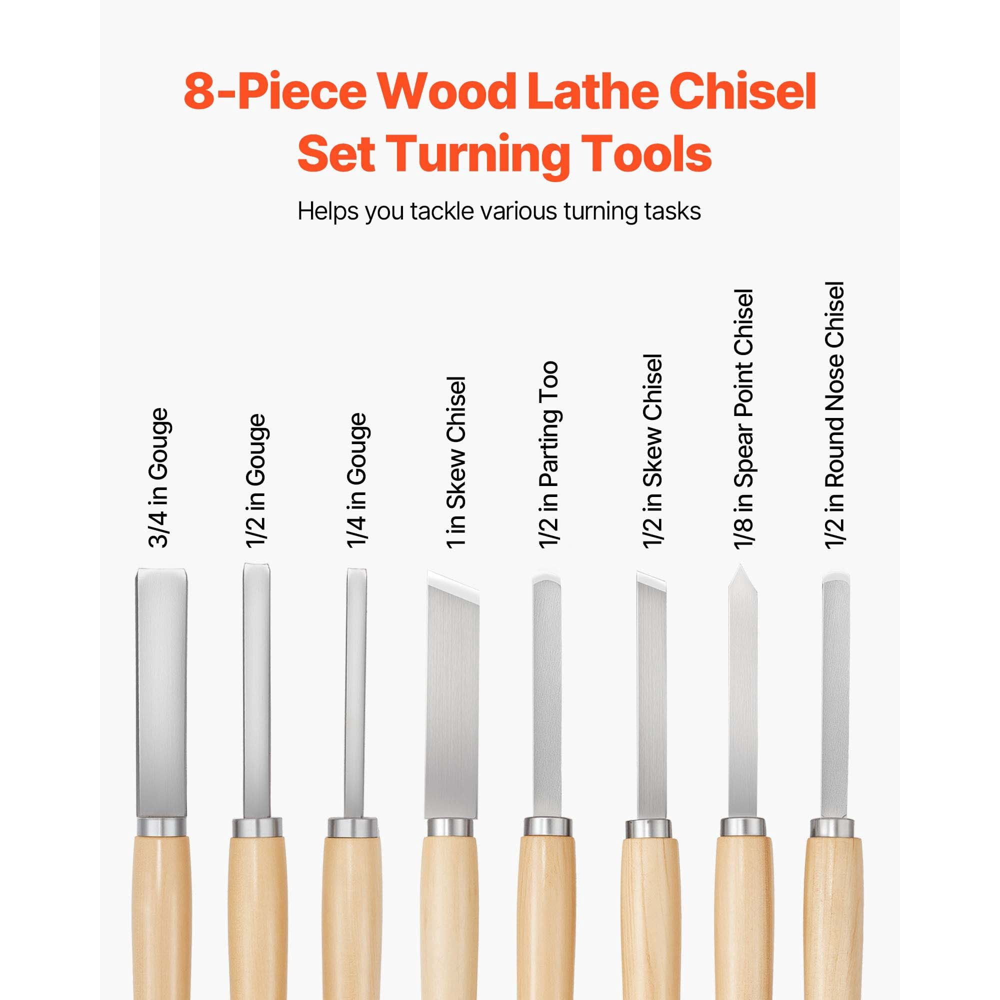 Wood Lathe Chisel Set 8-Piece Carbon Steel Blades 2 Skew Spear Parting Round Nose Gouge Tools with Oxford Bag for Woodworking Beginners
