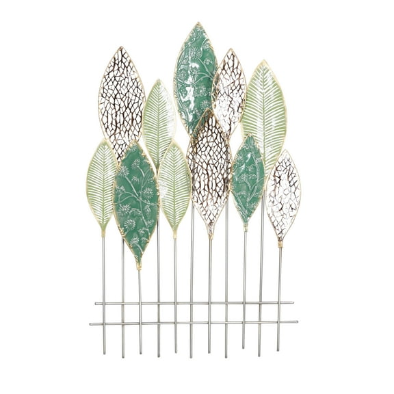 DecMode Green Metal Tall Cut-Out Leaf Wall Decor with Intricate Laser Cut Designs