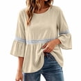 thumbnail image 6 of Lenpel 3/4 Length Sleeve Womens Tops Cotton Linen Crew Neck Fashion Peplum Blouses Casual Loose Eyelet Lace Patchwork Shirts Fall Clothes, 6 of 7