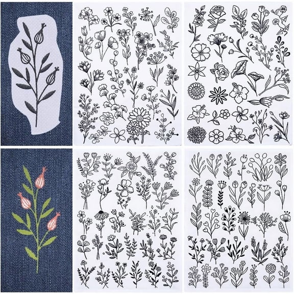 109Pcs Flower Leaves Water Soluble Embroidery Stabilizers Plants Hand Sewing Stick and Stitch Transfers Paper Wash Away Pre-Printed Self Adhesive Patterns