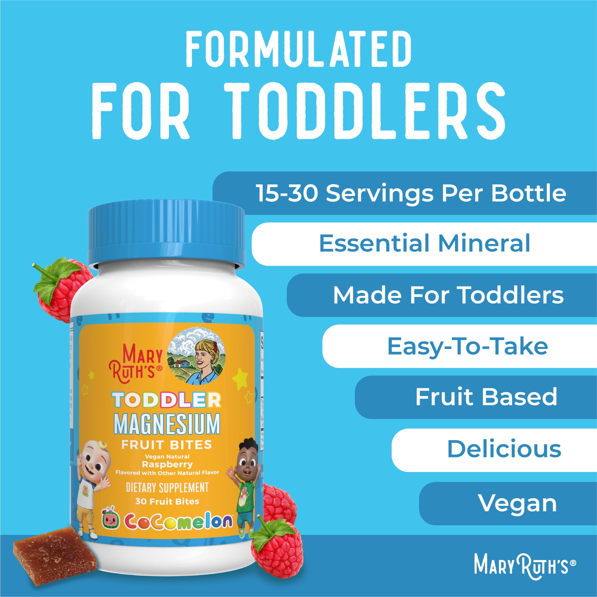 MaryRuth Organics Cocomelon Toddler Magnesium Fruit Bites, Calcium Absorption and Gut Health for Children's Health, 30 Count