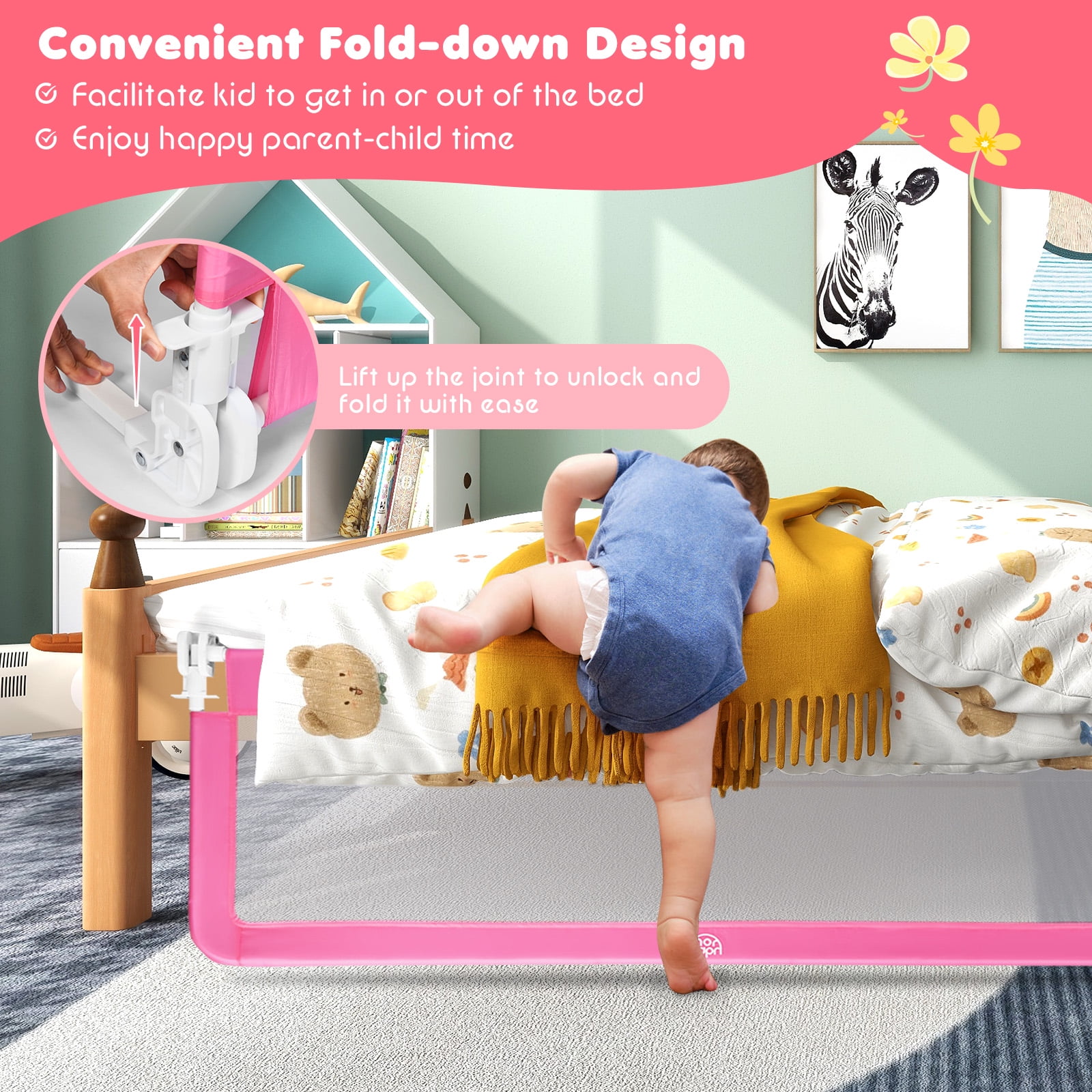 Infans 59" Breathable Baby Children Toddlers Bed Rail Guard Safety Swing Down Pink