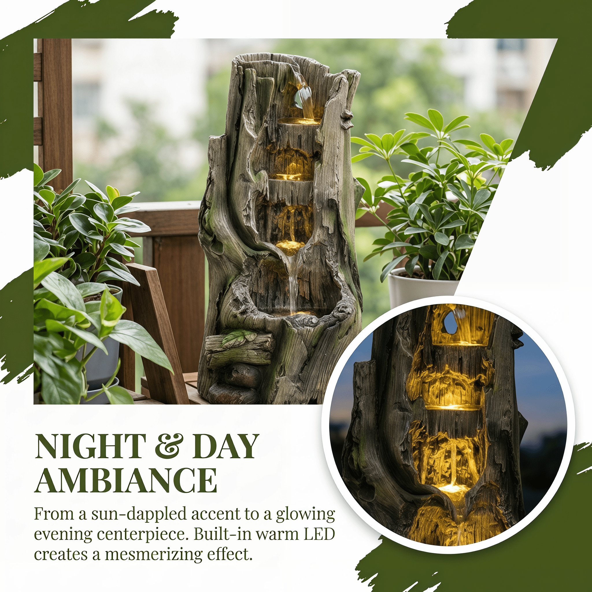 Mintazer 23" 4-Tier Realistic Tree Stump Cascading Polyresin Outdoor Water Fountain with LED Lights, Silent Recirculating Pump Freestanding Woodland Waterfall Feature for Patio Garden Porch Backyard