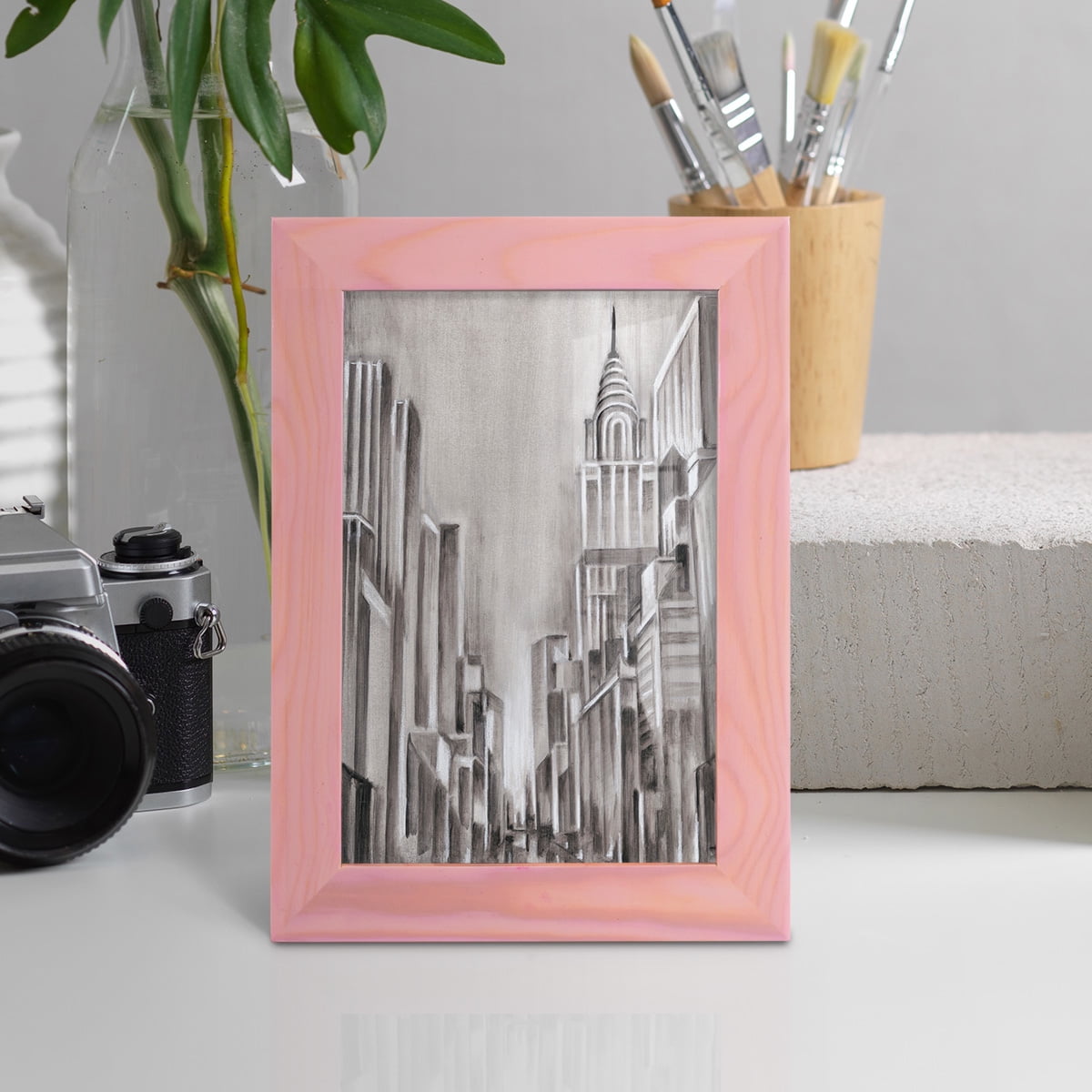 Art Deco Cityscape I -Framed Print w/glass-Sunset Pink