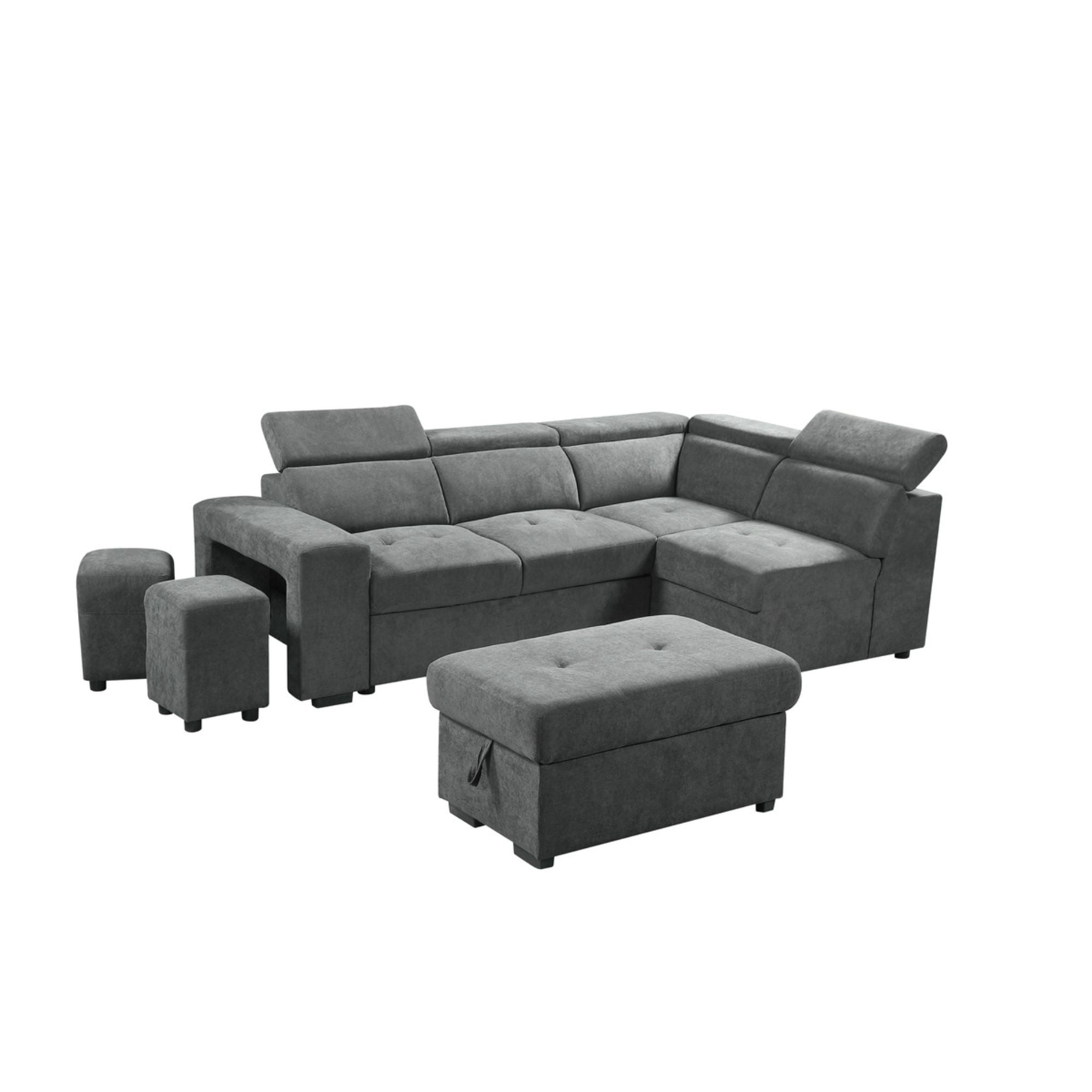 Set of 4 Pewter Gray Henrik Sleeper Sectional Sofa with Storage Ottoman and 2 Stools, 8'