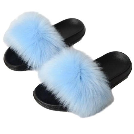 Faux Fur Wedge Slippers Furry Platform High Heel Slide Shoes