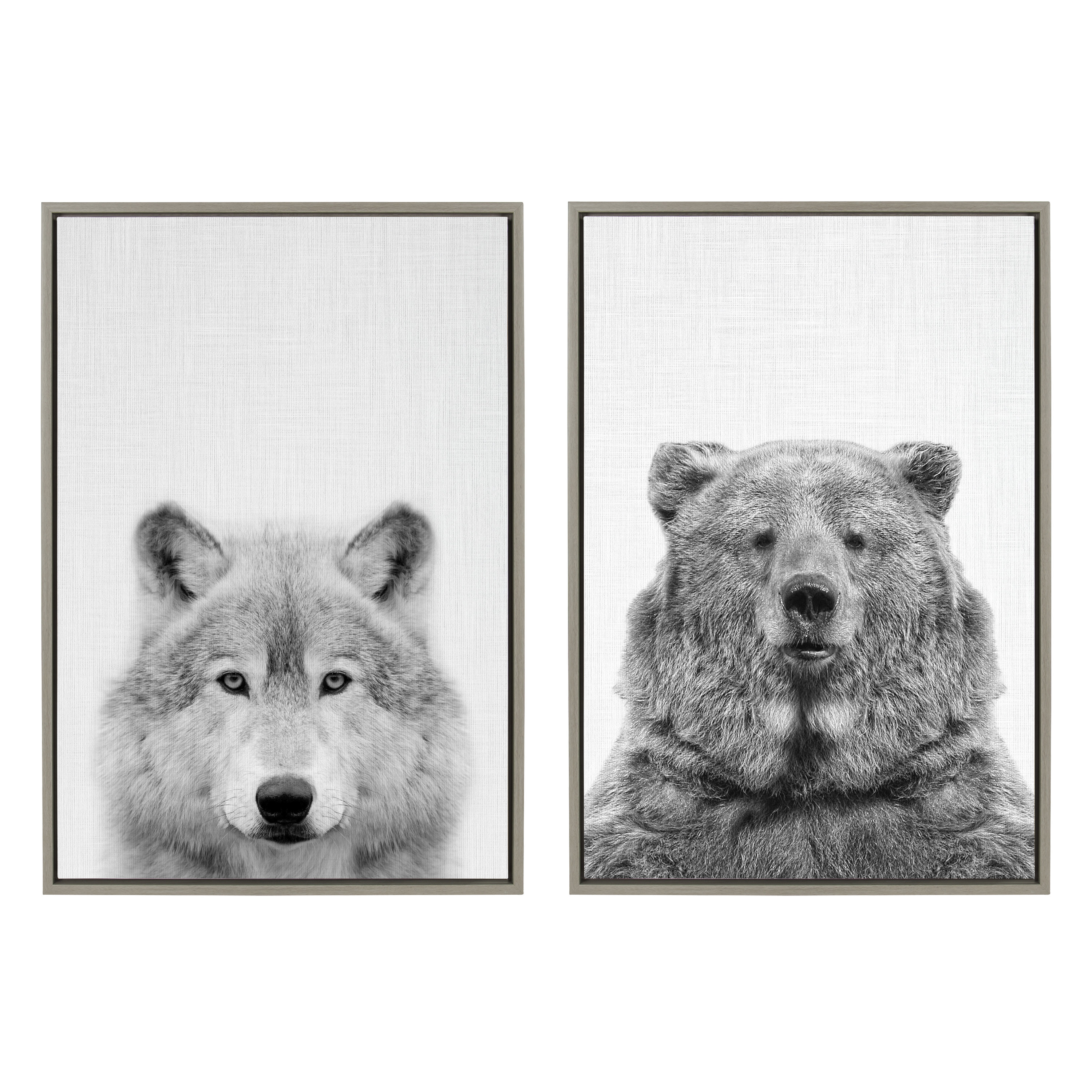 Kate and Laurel Sylvie Wolf and Bear European Framed Canvas Wall Art Set by Simon Te of Tai Prints, 2 Piece 23x33 Gray, Modern Nature Animals Art for Wall Home Decor