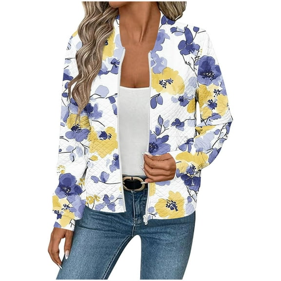 MaFYtyTPR Women's Casual Jacket Fashion Printed Waffle Checks Pocket Long Sleeve Zipper Hoodless Coats Yellow L