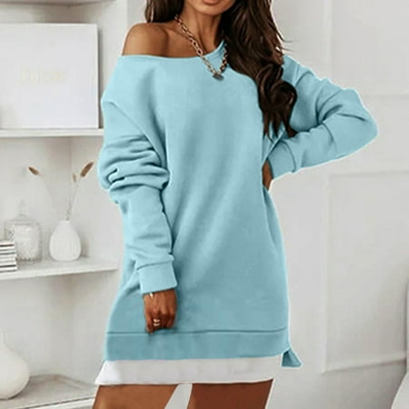 

Simplmasygenix Hoodies for Women Plus Size Women s Solid Color Strapless Streetpullover Cotton Sweater Dress Capless Sweater