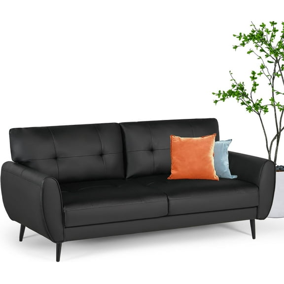 60" Loveseat Sofa for Living Room, Mid Century Mini Black Couch, Tufted Leather Love Seat Furniture,  Office 2 Seat, Small Couches for Small Spaces, Bedroom, Apartment