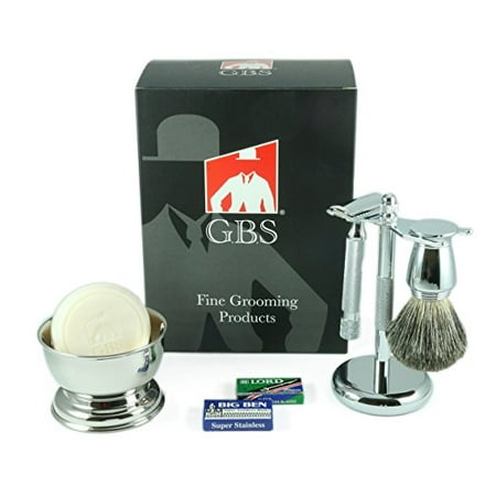 Series Double Handle - 5 Piece Men's Grooming Set - Comes with Gift Box, All Chrome Heavy Duty Long Handle Double Edge Safety Razor With matching accessories. Free Blades
