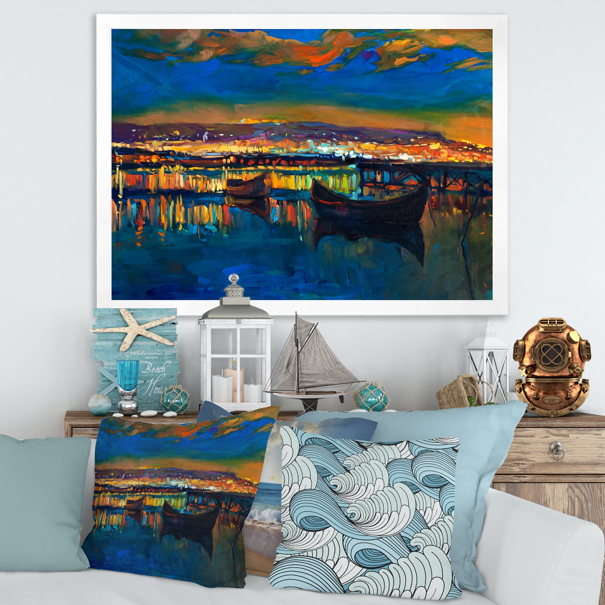 Designart 'Two Little Boats In The VIllage Harbor Ar Night' Nautical & Coastal Framed Art Print