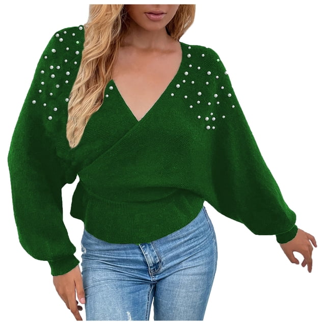 Suéteres Para Mujer Otoño Invierno Suéter de Punto de Moda Cuello en V Perla Sólido Manga Larga Suéter Tops Odeerbi ODB175818