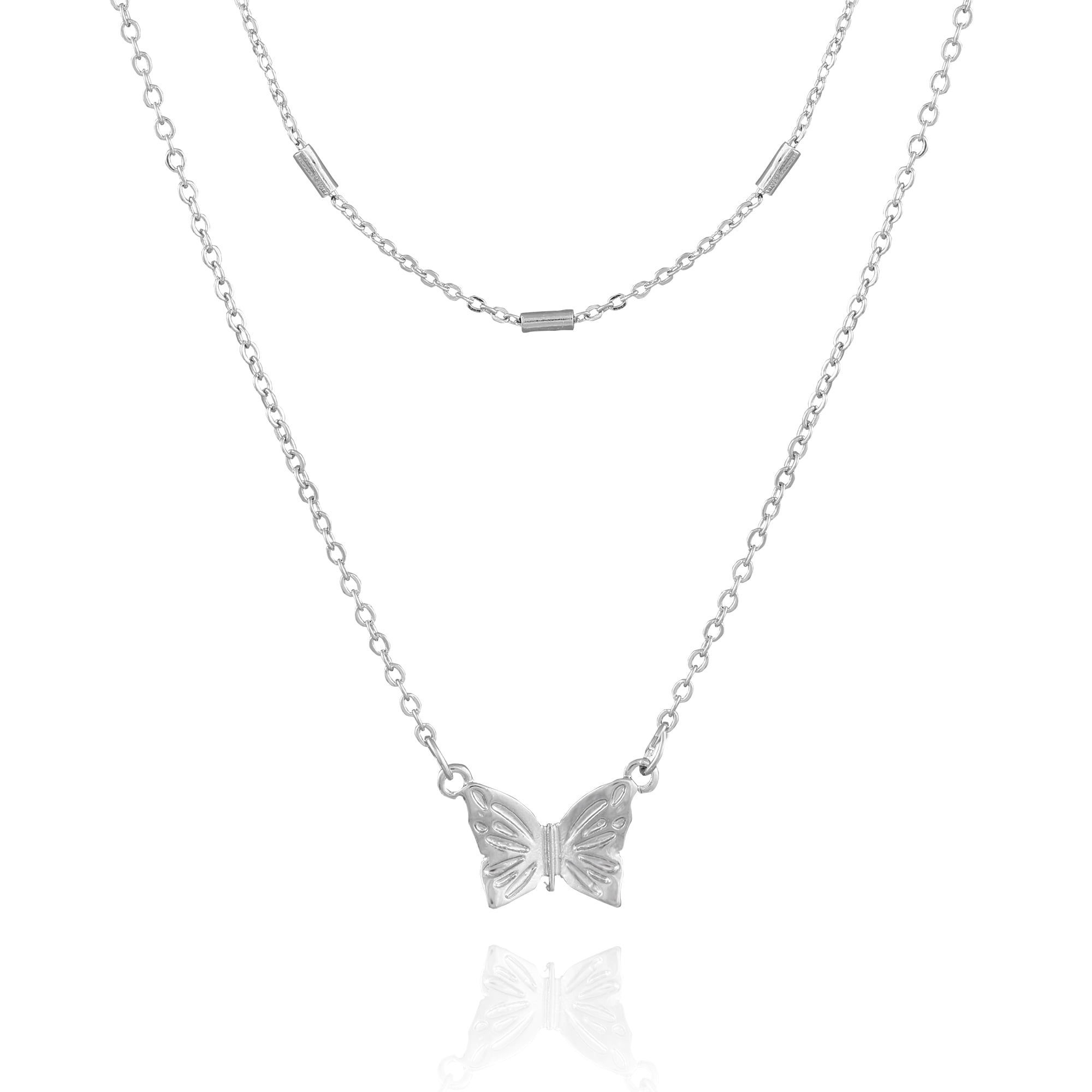Time and Tru Women's 16" Adjustable Fashion Basic Dainty Layered Metal Butterfly Necklace in Imitation Rhodium.