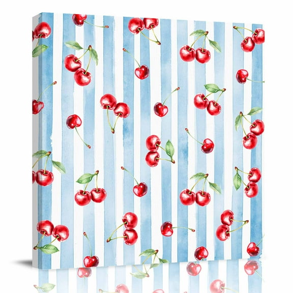 Canvas Print Wall Art Oil Paintings Watercolor Cherry Red Fruit Art Picture Prints Artwork for Living Room Kitchen Bathroom Bedroom,Stretched and Framed Ready to Hang,Light Blue Stripe Texture