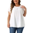 thumbnail image 1 of Blusa de gasa de mujer en tallas grandes Agnes Orinda, camisa de doble capa, cuello redondo, mangas cortas con volantes, tops casuales de trabajo 1X blanca, 1 of 6