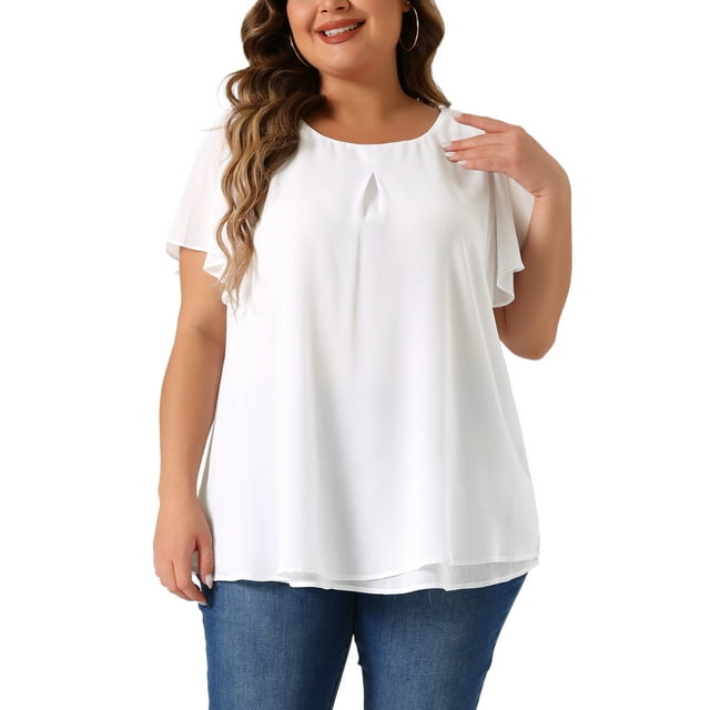 Blusa de gasa de mujer en tallas grandes Agnes Orinda, camisa de doble capa, cuello redondo, mangas cortas con volantes, tops casuales de trabajo 3X blanca