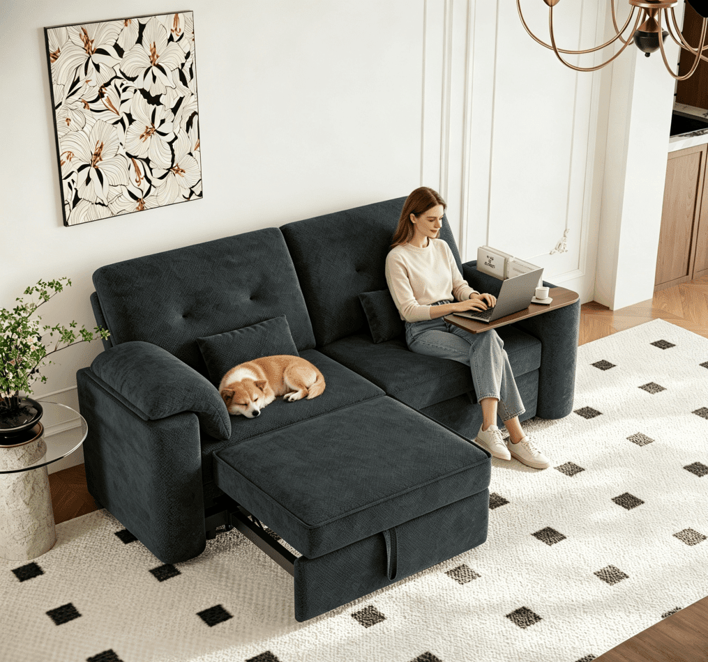 Aukfa 82" 3-in-1 Convertible Sleeper Sofa, Modern Chenille Queen Pull-Out Sofa Bed with USB/Type-C Ports & Rotating Side Table for Living Room & Apartment,Black