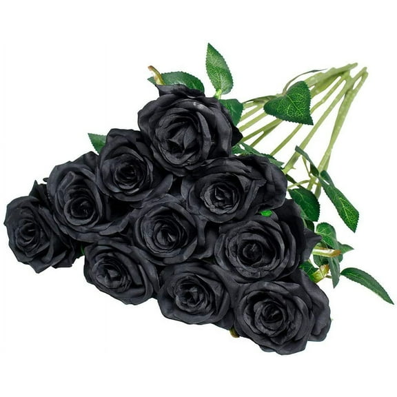10PCS Artificial Silk Rose Flower Bouquet Lifelike Fake Rose Long Stem Flowers for Wedding Home Vase Table Party Decoration(Black)