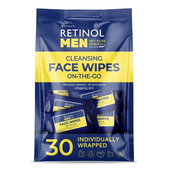 Retinol Men’s Micellar Cleansing Wipes for Face & Body, Normal to Oily Skin, 30 Individually Wrapped Travel Wipes