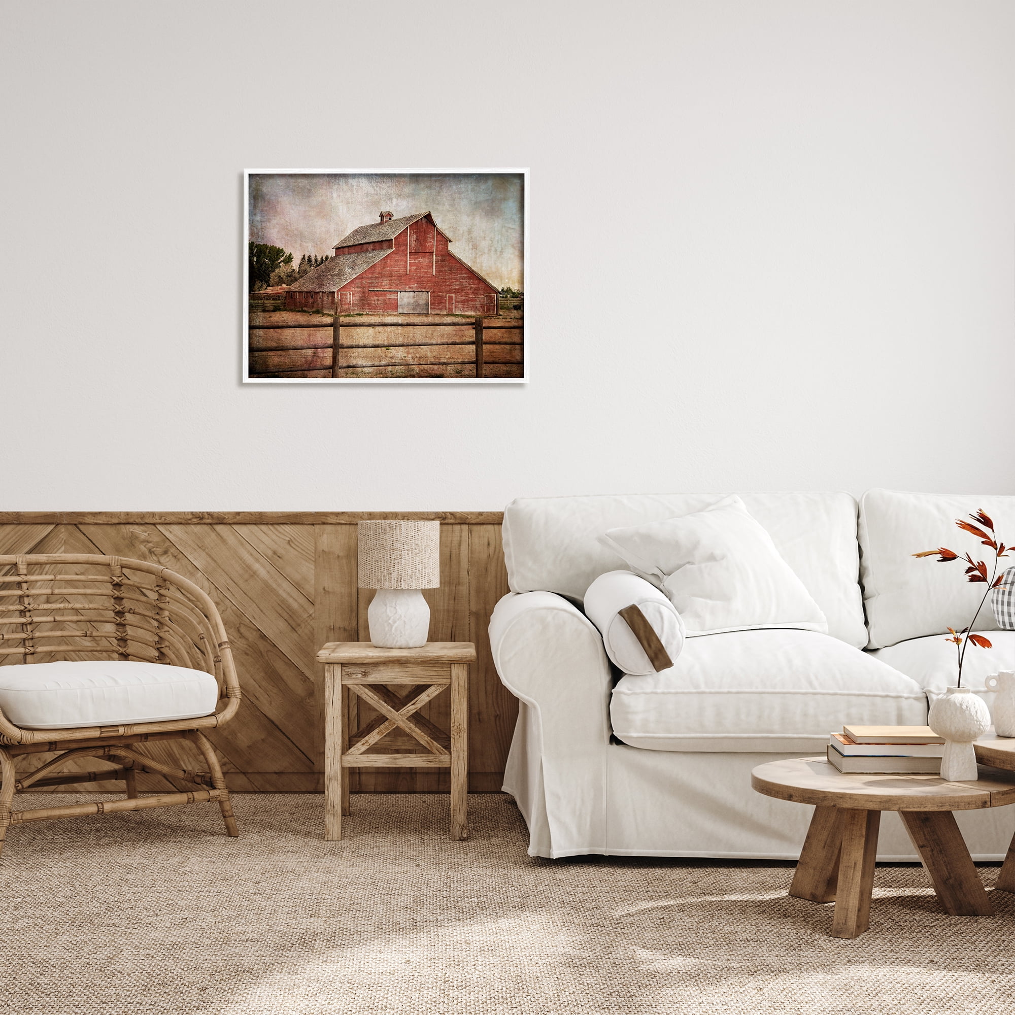 Stupell Industries Vintage Rustic Barn Landscape Painting White Framed Art Print Wall Art, 30 x 24