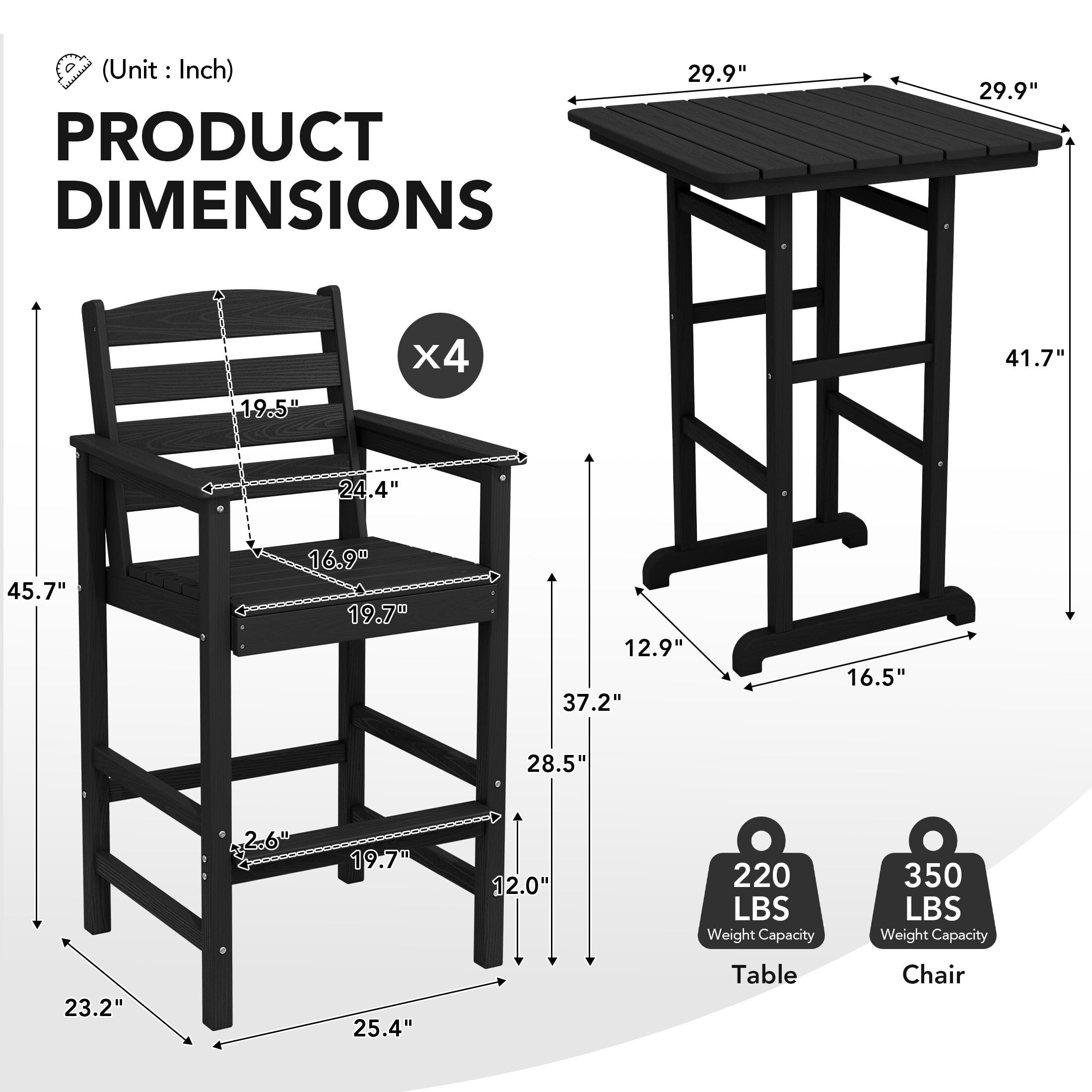 RIAFUN HDPE Outdoor Bar Set of 5 - 1 Height Bar Table & 4 Oversized Wide Seat Tall Adirondack Chairs, Weather Resistant for Patio, Poolside, Garden, Black