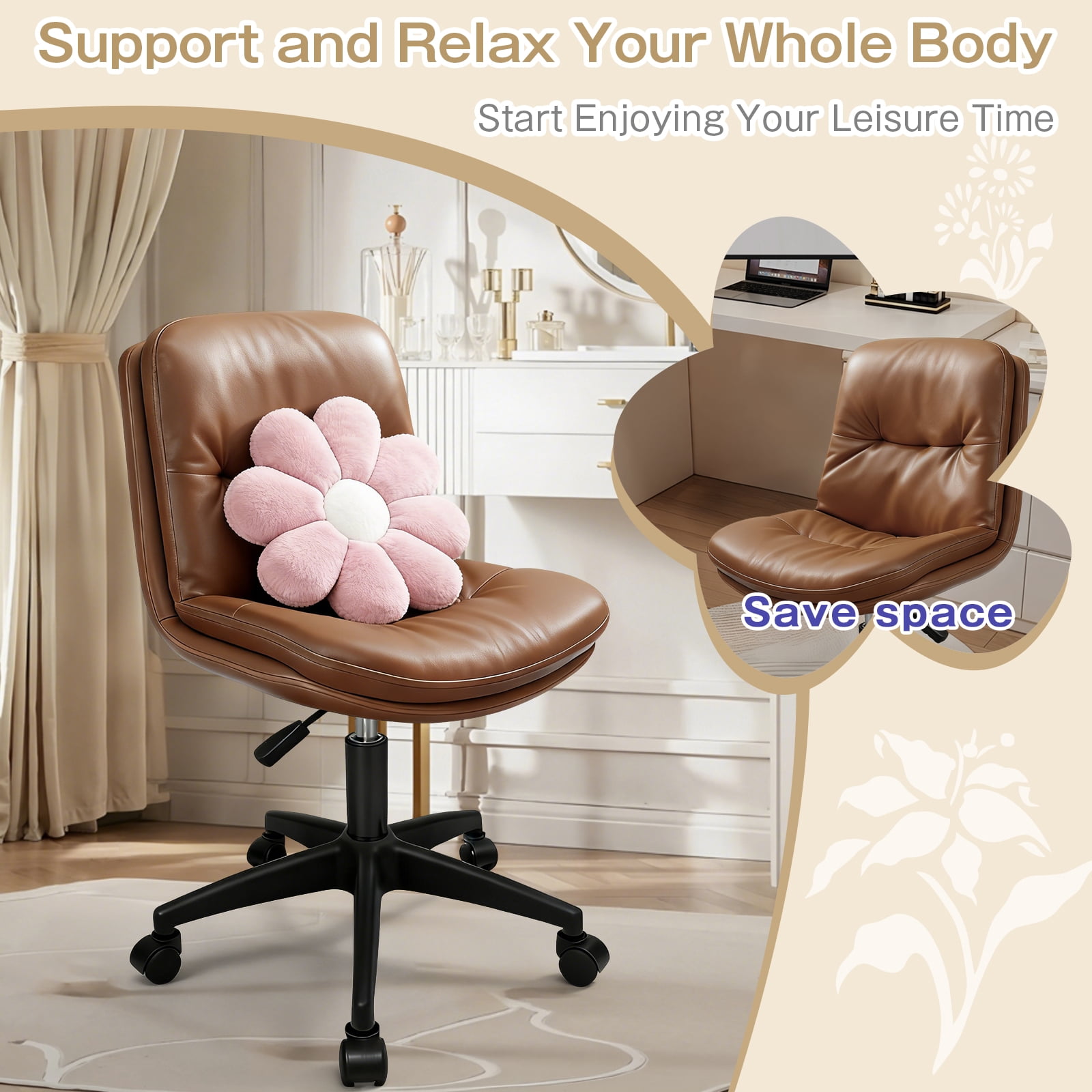 Vanity Chair with Back, PU Leather Swivel Office Desk Chair, Height Adjustable Armless Chair for Small Spaces, Bedroom, Vanity, Home Office Brown
