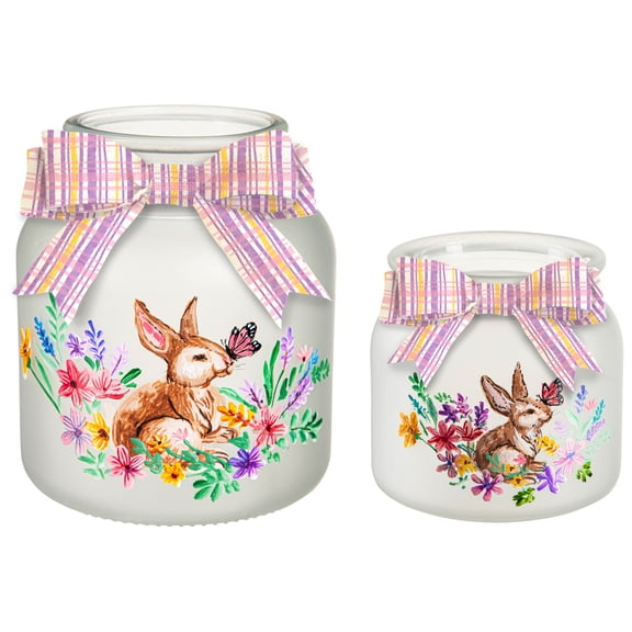 Evergreen Glass LED Jar with Grassy Meadow and Bunny Scene, Set of 2