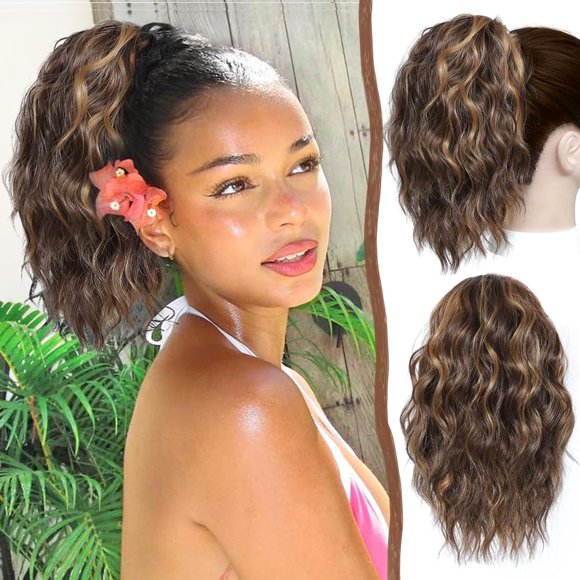 shiyou-Highlighted Ponytail Extension 12 Inch Wavy Curly Fake Drawstring Ponytail Hair Extensions Short Brown Mix Golden Brown Synthetic Pony Tails Hair Pieces for Women