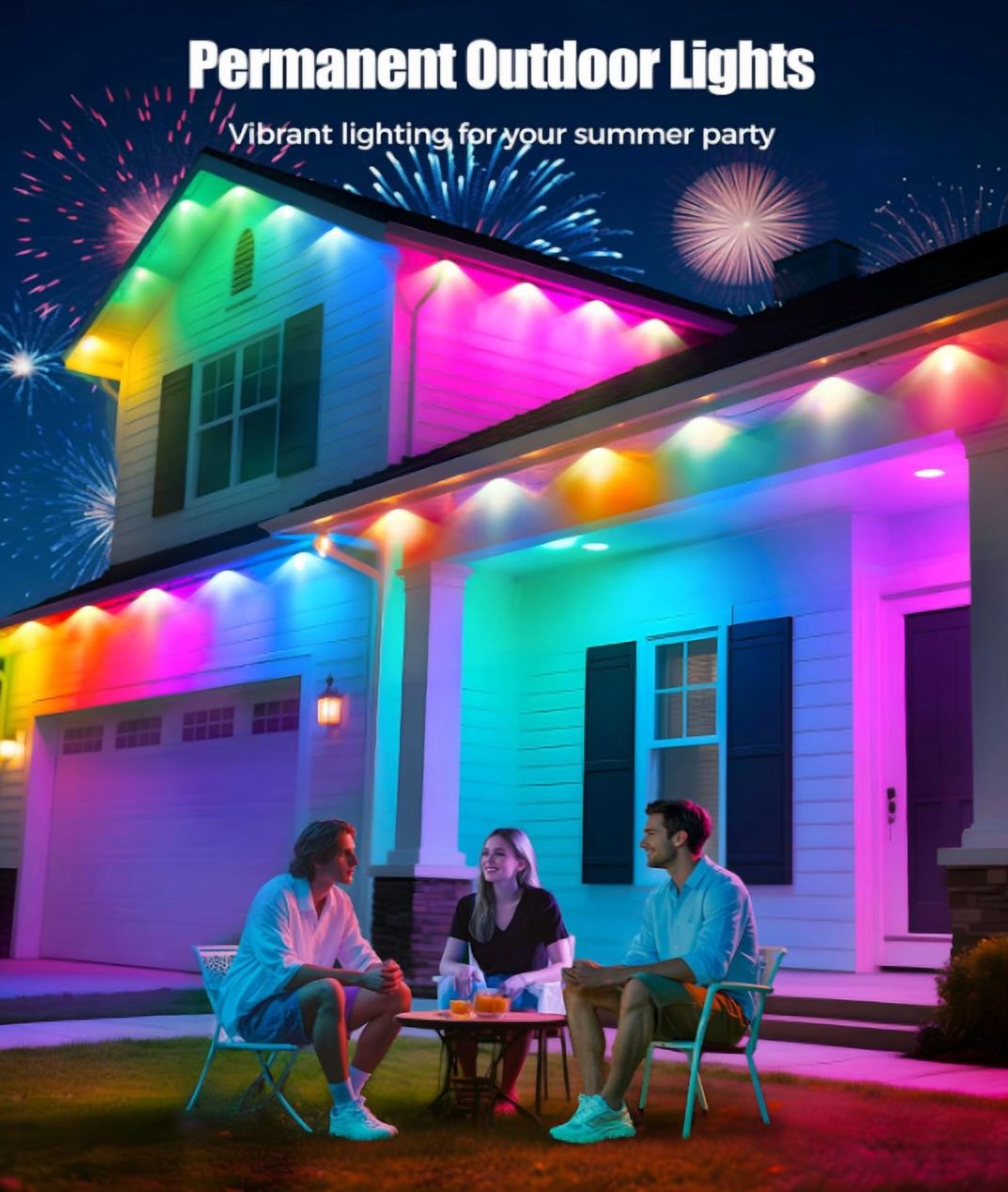 Permanent Outdoor Lights for House, 150ft RGB+IC Smart Outdoor Decor, 50 Scene Modes, App/Remote Control, IP67 Waterproof, for Christmas, Holiday, Daily & Pool Party Decor, House Roof Lighting