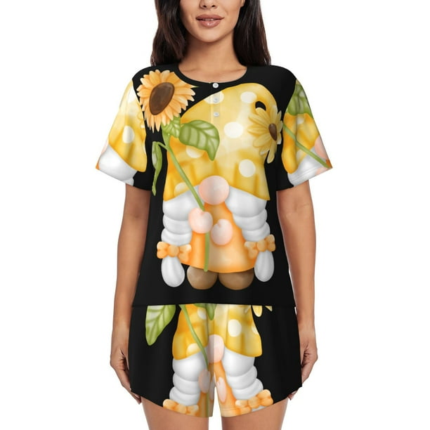 Fotbe Sunflower Gnomes 3 Conjunto de Pijama Estampado para Mujer, 2 Piezas, Ropa de Dormir con Camiseta de Manga Corta y Shorts Suaves-Large