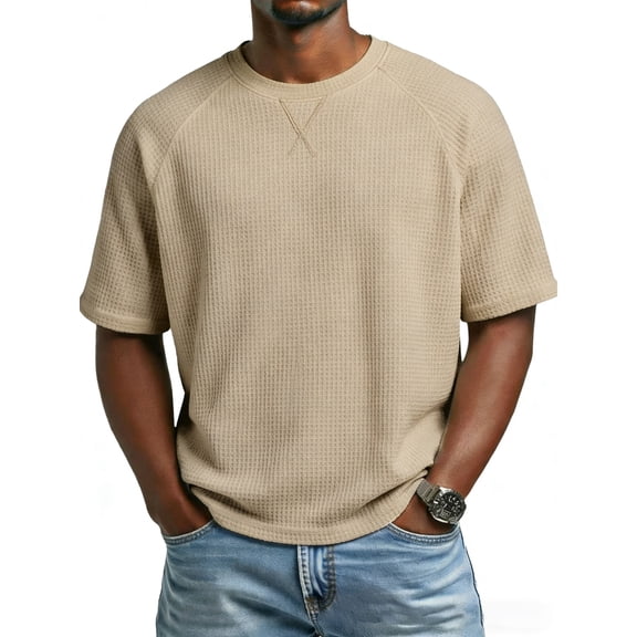 Lumtrix Men's Waffle T-Shirts Short Sleeve Casual Crew Neck Shirt Summer Big and Tall Plain Pullover Khaki XL
