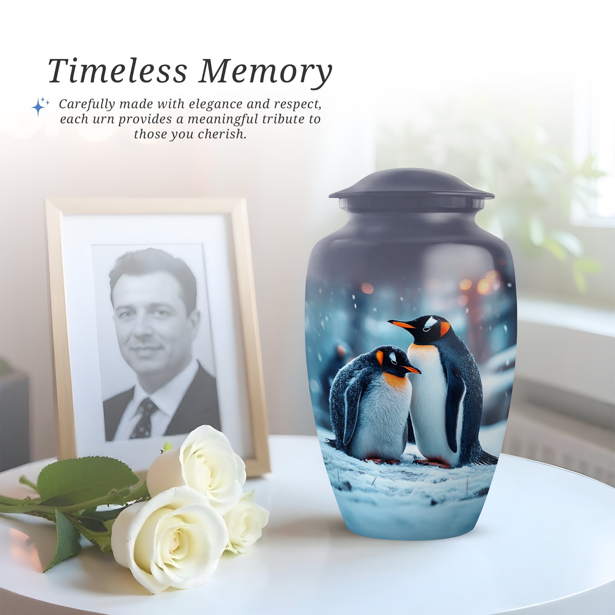 Penguins Cremation Urns For Human Ashes Adult Female Mom, Blue Urns For Human Ashes Man And Woman, Funeral Urn For Adults Male, Large Decorative Urn For Brother, 10 Inch