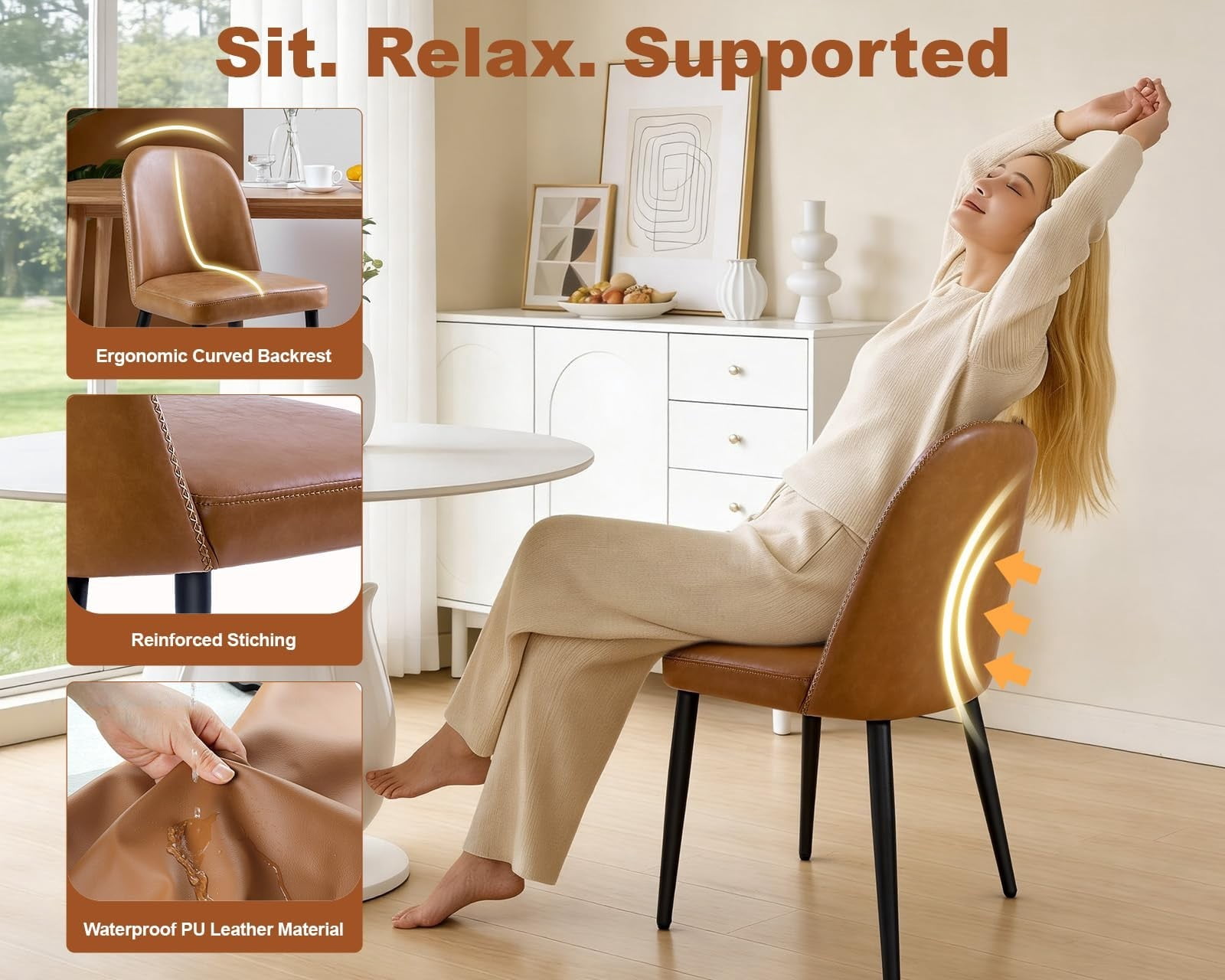 Brown Leather Dining Chairs Set of 2, Modern Upholstered Armless Kitchen Chairs with Metal Legs, Ergonomic Side Chairs for Dining Room, Restaurant, Living Room & Meeting Room