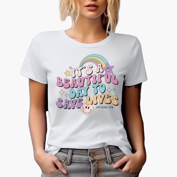It's a Beautiful Day to Save Lives, 90s Retro Groovy Wavy Text, Nurse Themed Merch Gift, White T-Shirt, Small