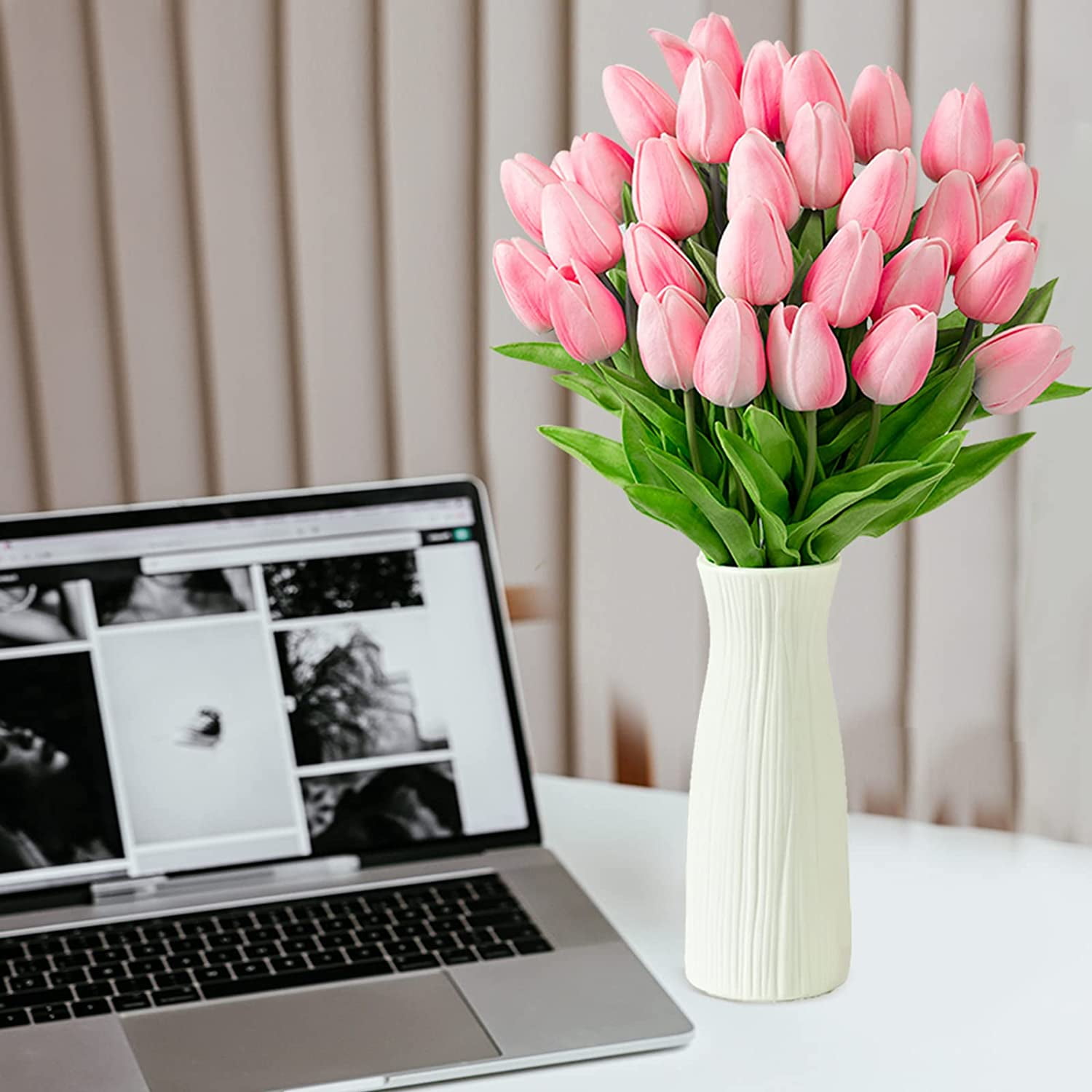 30Pcs Artificial Tulip Flowers Faux Tulip Stems PU Real Touch Tulips 13.7" for Spring Easter Vase Wedding Bouquets Floral Arrangements Wreath Table Centerpiece Indoor Outdoor Decoration (Pink)